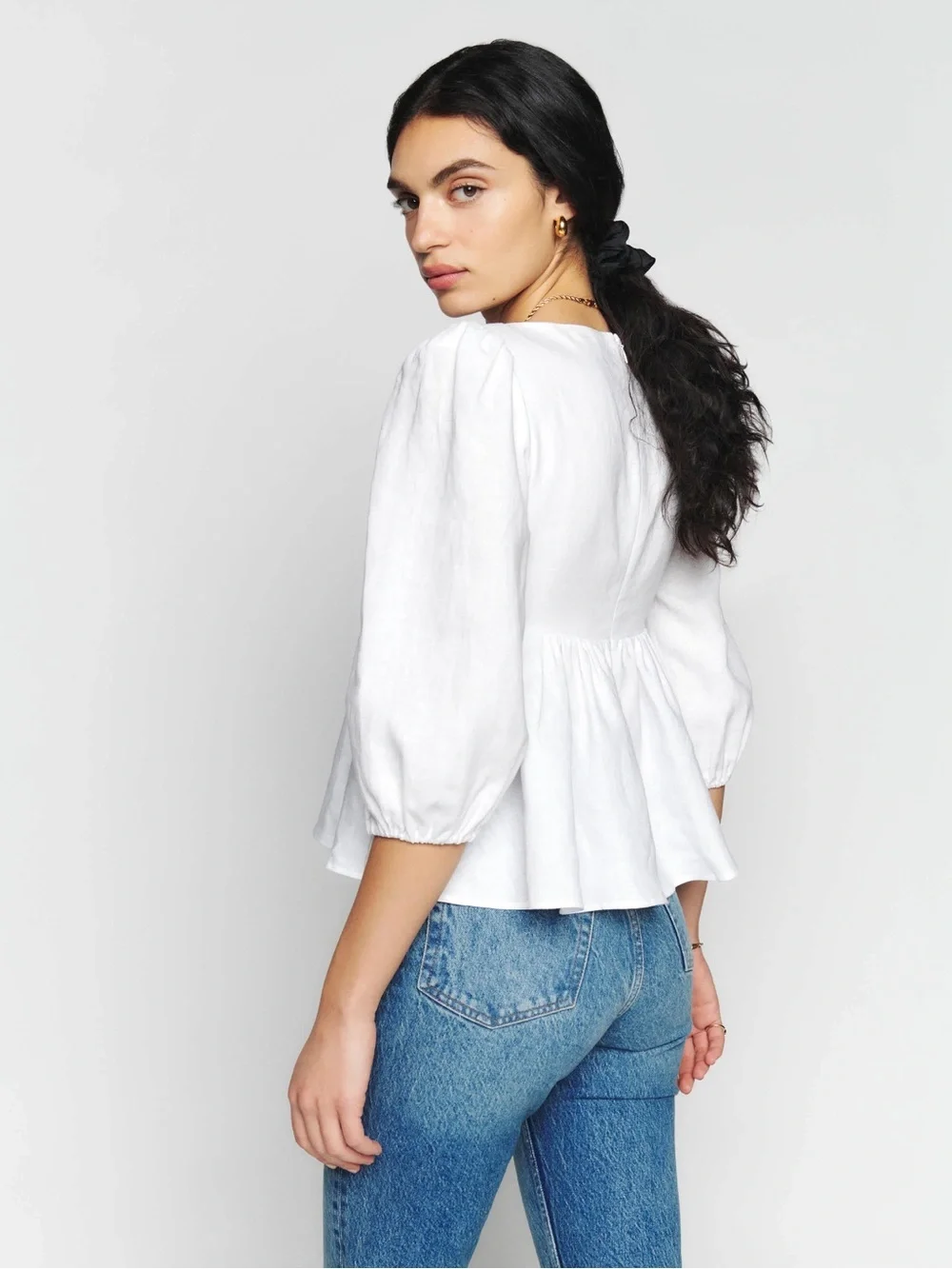 Reformation Abigail 100% Linen Top White Puff Sleeve Lace Up Peplum Size 8